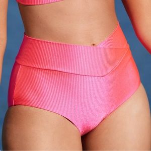 AERIE RIBBED HIGH SHINE CROSS OVER BIKINI BOTTOM IN NEON PINK MIAMI PINK COLOR